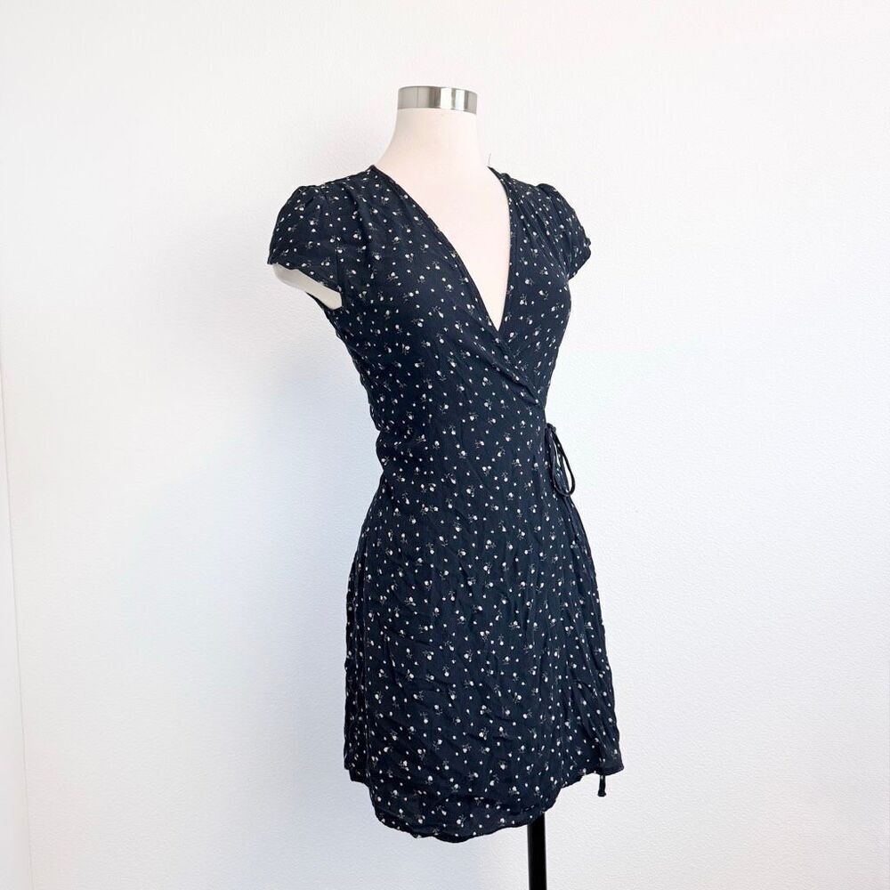 Brandy Melville Black Blue Floral Mini Dress Wrap Front Swing Flare Small